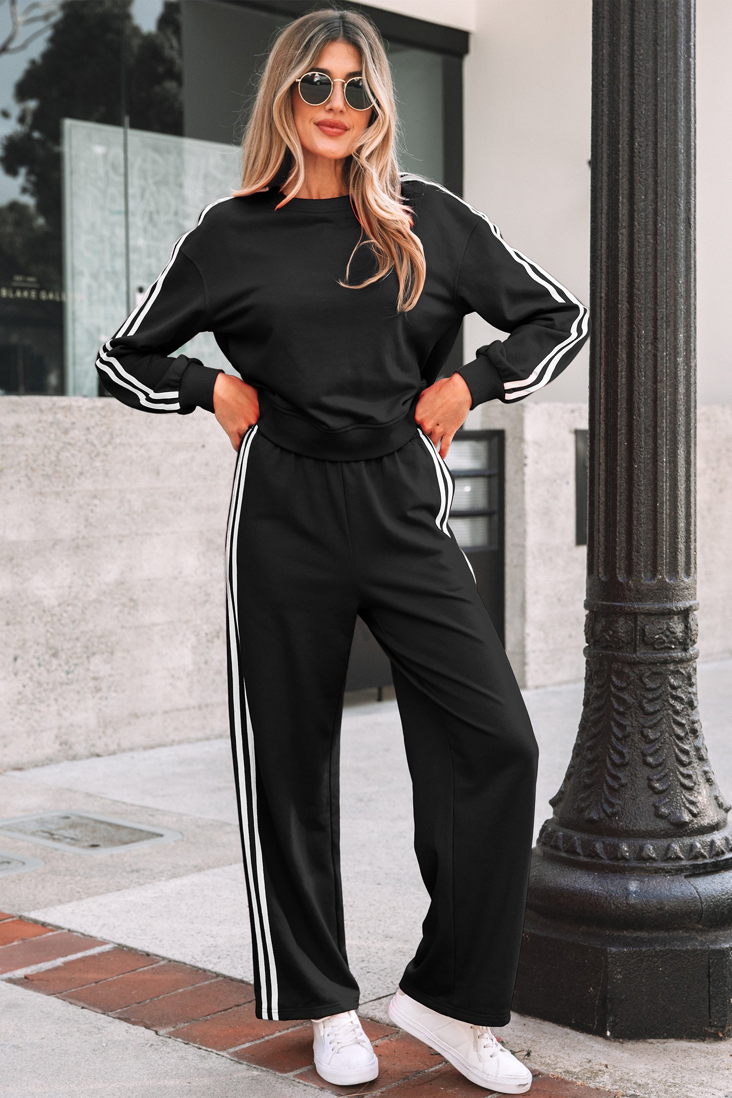 Black Varsity Striped Detail Crewneck Pullover Elastic Sweatpants 2pcs Outfit