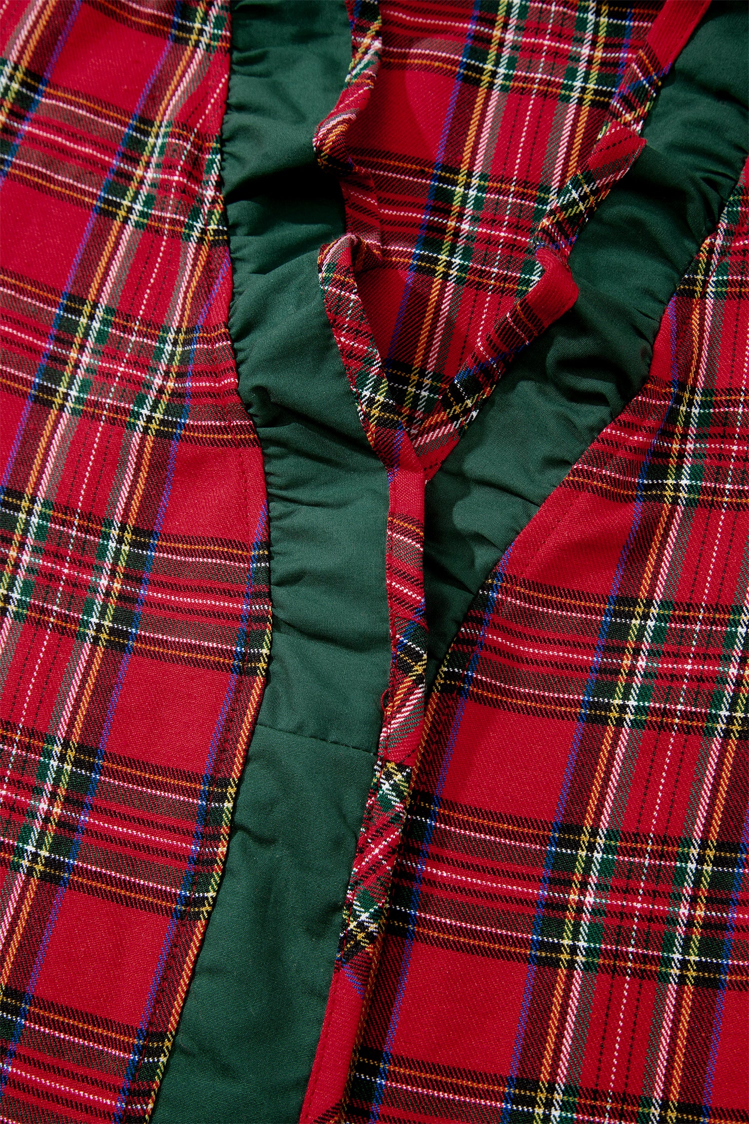 Red Plaid V Neck Ruffle Color Block Trim Short Sleeve Shirt