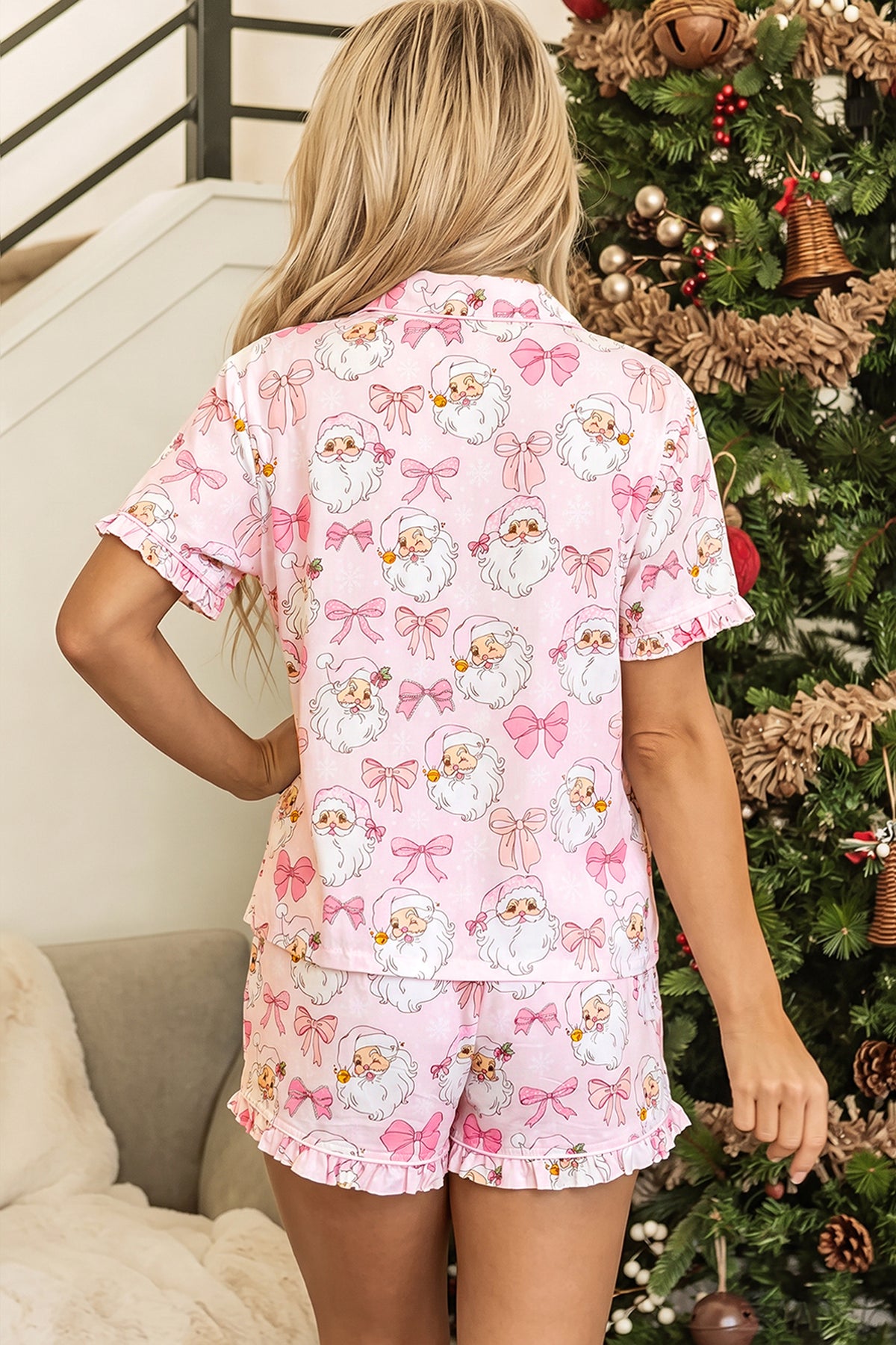 Pink Santa Print Paneling Shift Silhouette Short Sleeve Lounge Set