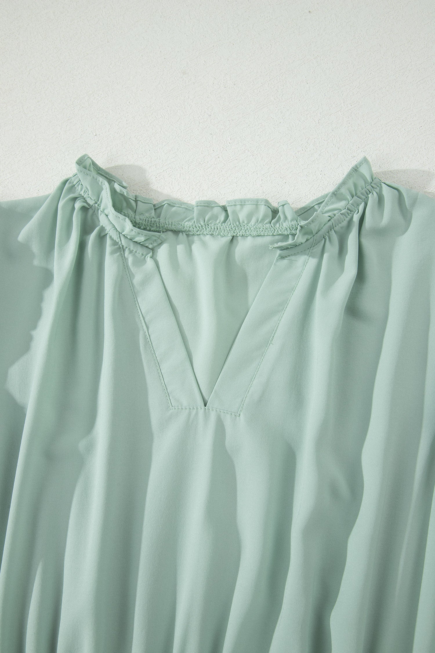 Clearly Aqua Solid Color V Neck Short Puff Sleeve High Waist Tiered Maxi Dress