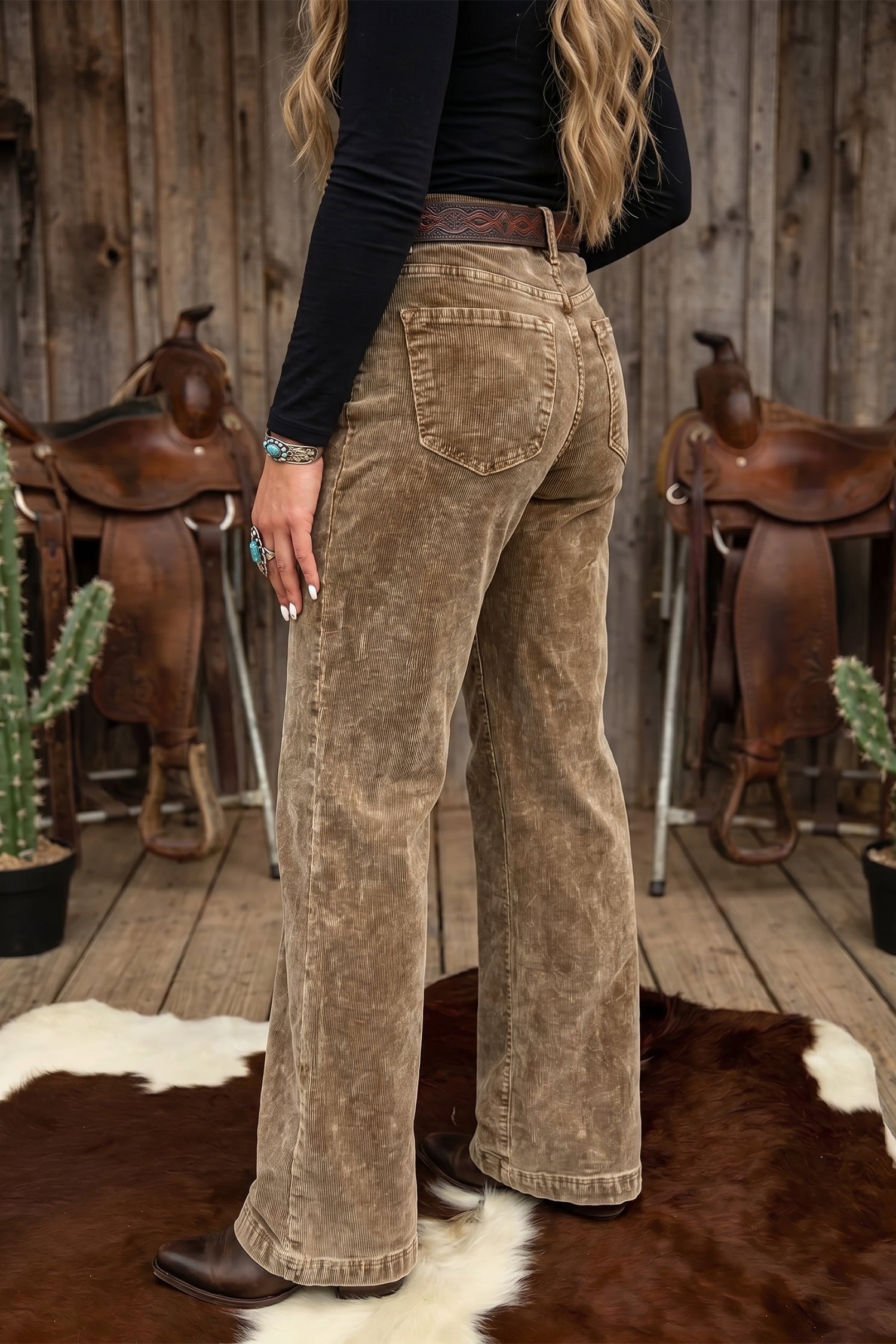 Camel Straight Leg Corduroy Metal Button Zip-up Pants