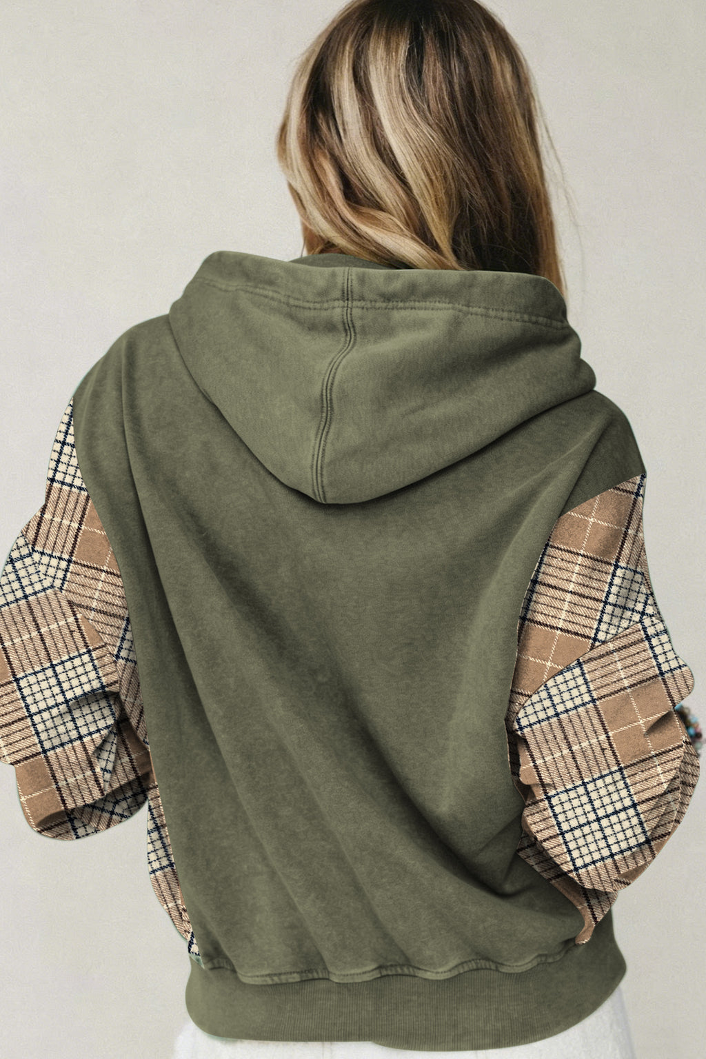 Black Plaid Sleeve Drawstring Pocket Hooded Sweatshirt