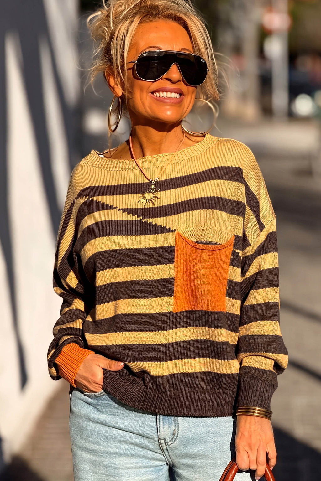 Brown Stripe Striped Drop Shoulder Colorblock Pullover Sweater