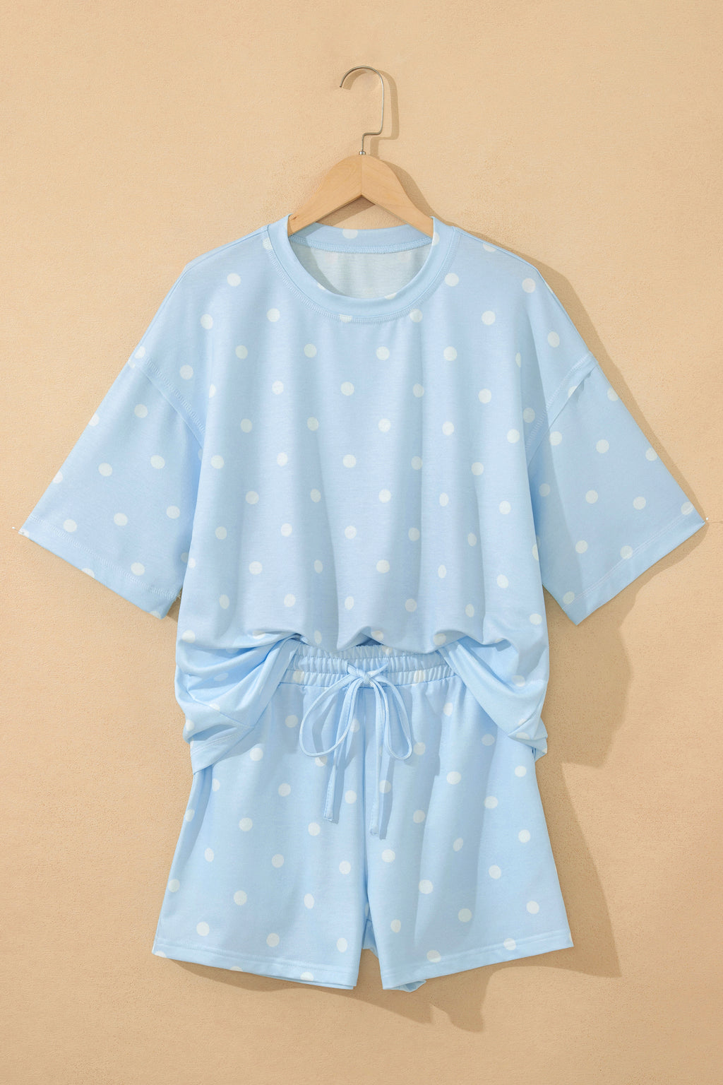 Sky Blue Exposed Seam Detail Polka Dot Loose Tee Drawstring Shorts Set