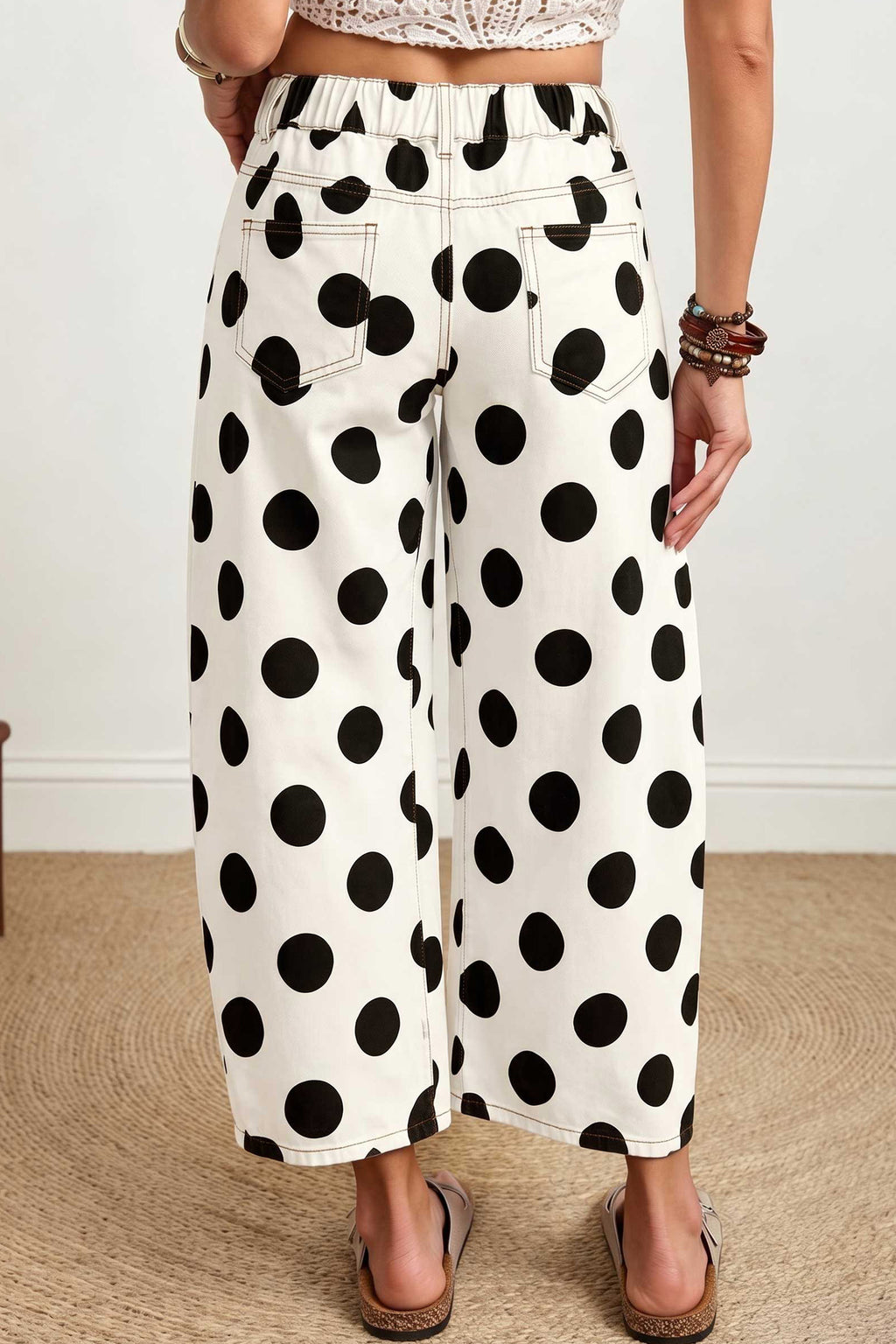 Brown Polka Dot Ankle-Length Barrel Jeans