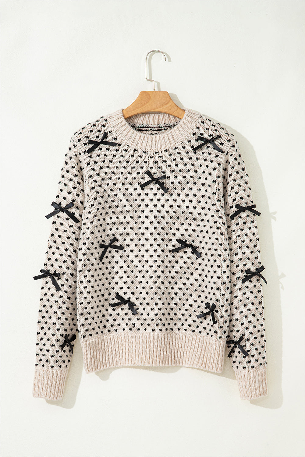 Beige Bow Decor Color Contrast Ribbed Edge Crew Neck Sweater