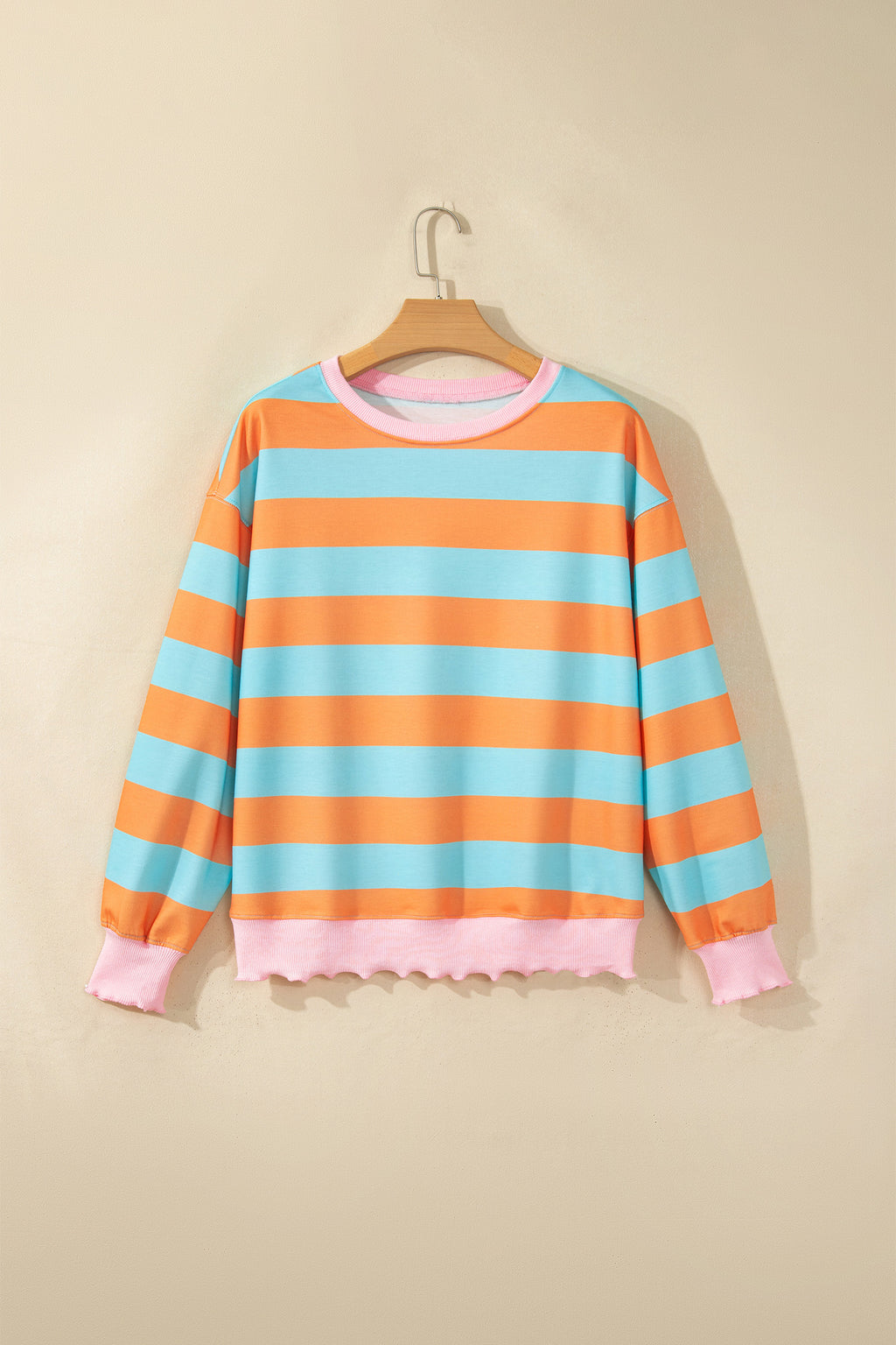 Orange Stripe Ribbed Color Block Trim Round Neck Long Sleeve Shift Top