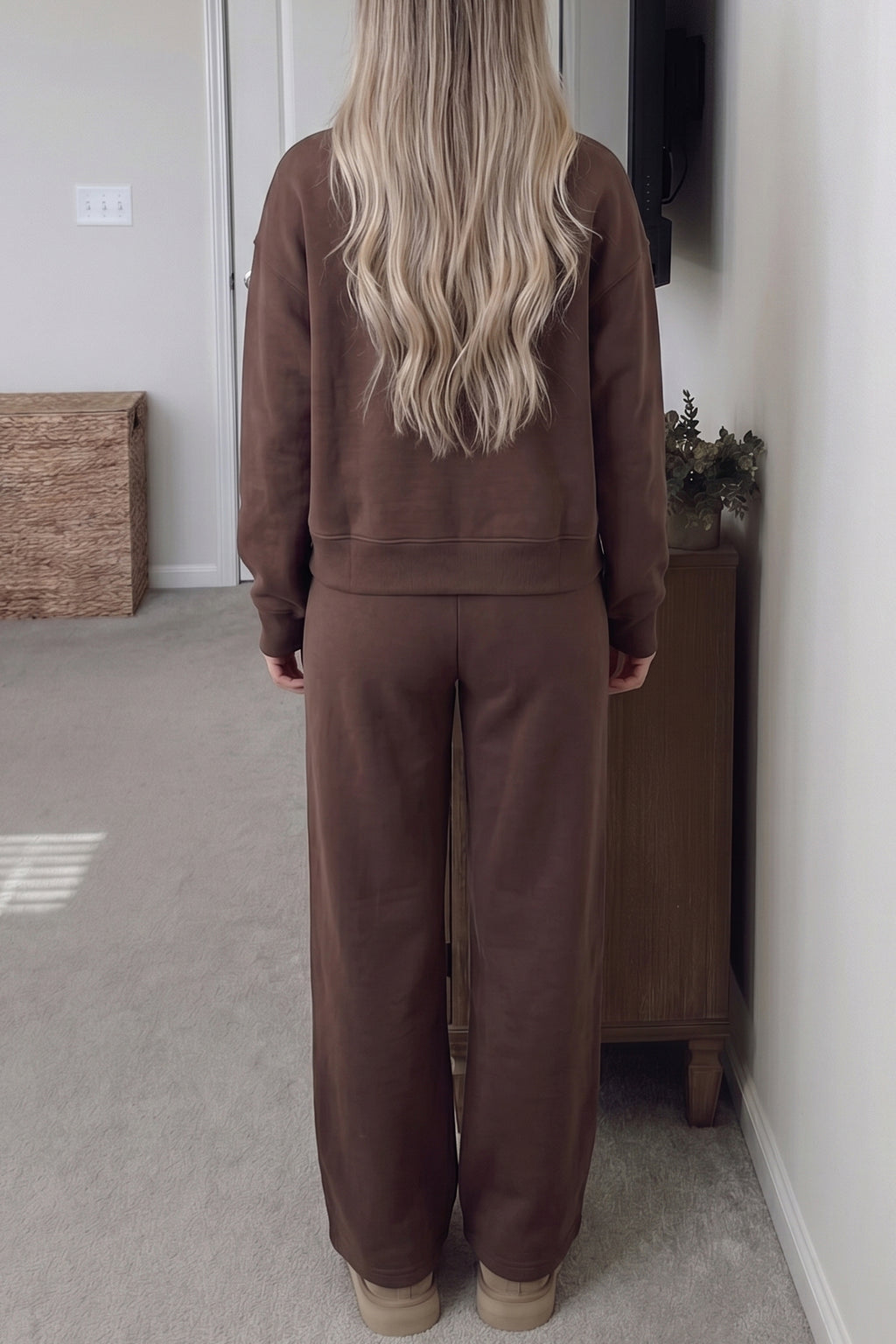 Coffee Solid Color Piping Trim Mock Neck Pullover Drawstring Pants Set