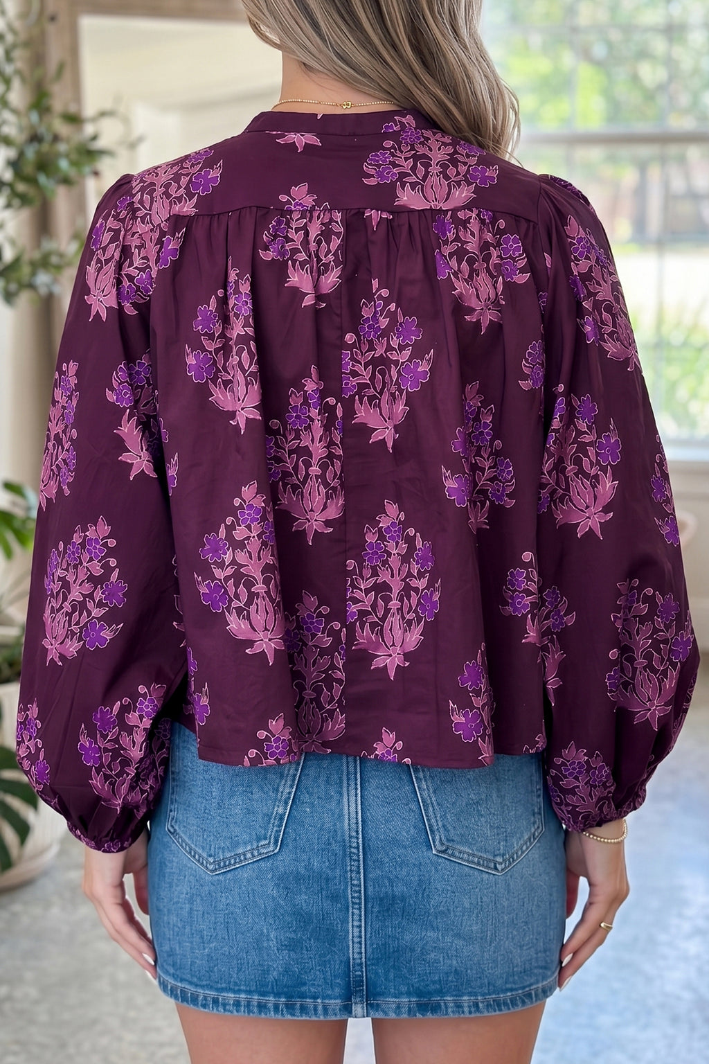 Purple Floral Print Button-Up Long Puff Sleeve Loose Shirt