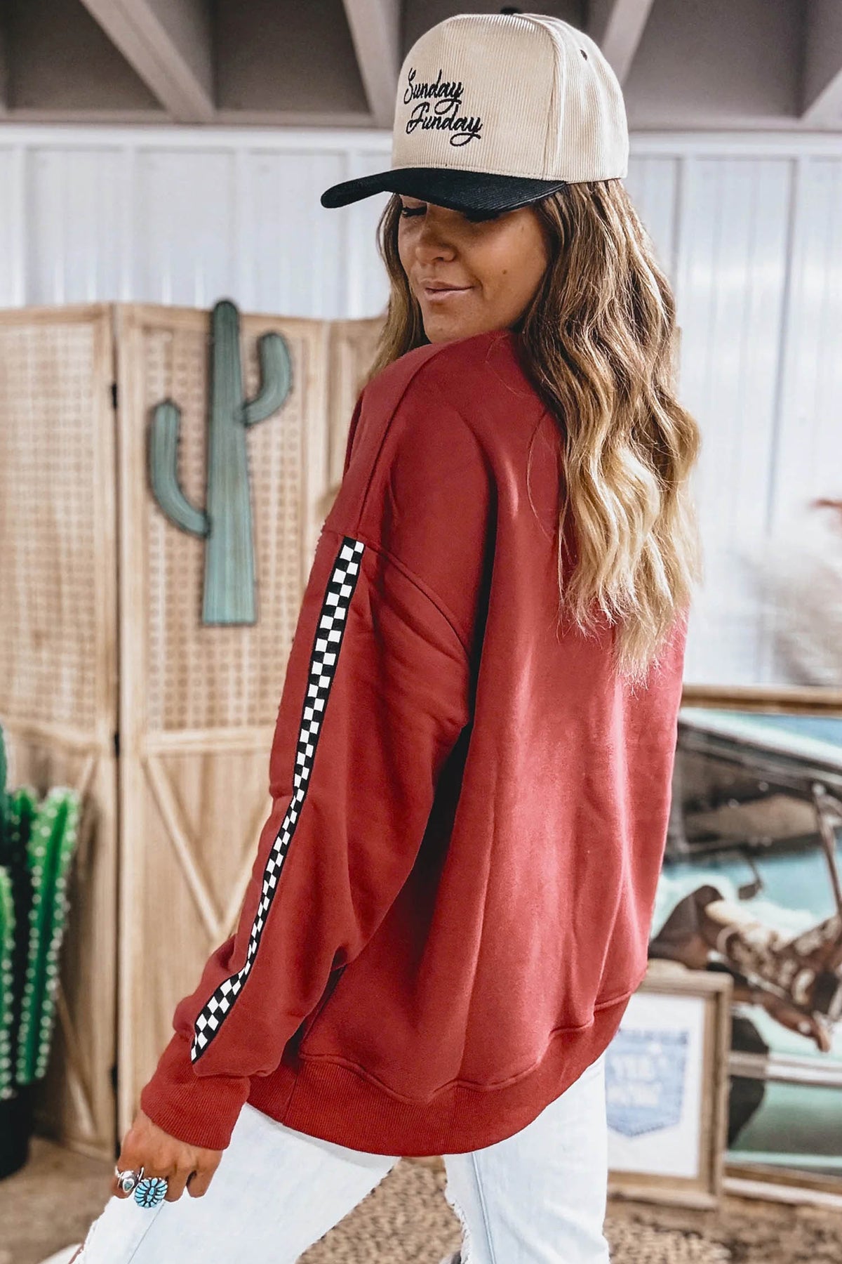Mineral Red Checkered Trim Long Sleeve Round Neck Shift Sweatshirt