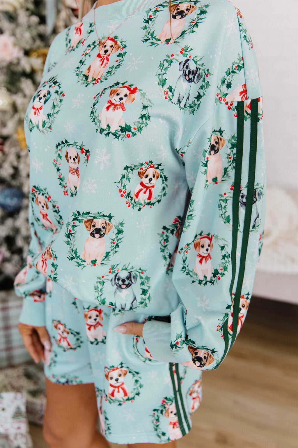 Sky Blue Holiday Puppies Wreath Print Pocket Sweatshirt and Shorts Set
