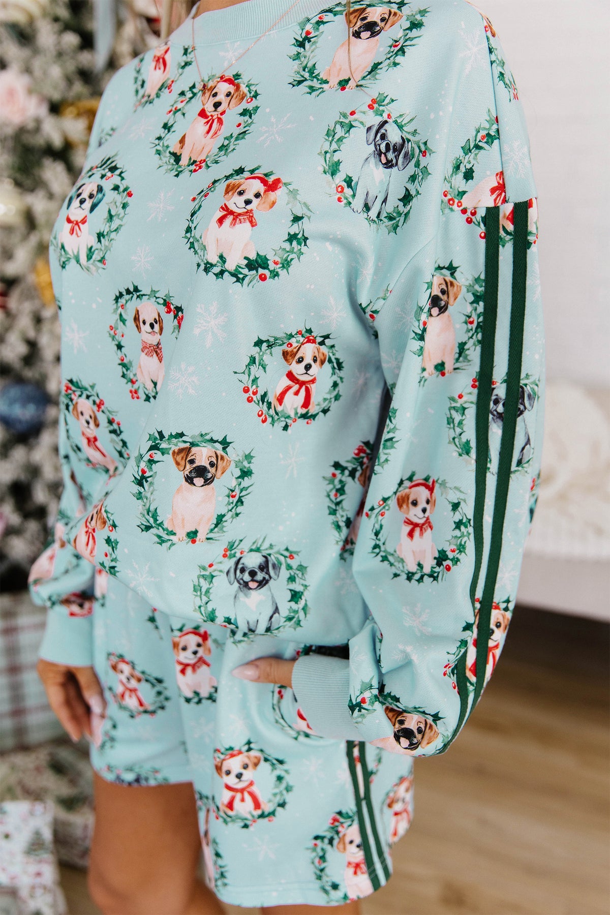 Sky Blue Holiday Puppies Wreath Print Pocket Sweatshirt and Shorts Set