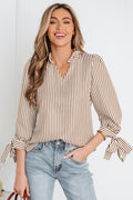 Straw Yellow Striped Print Tied Cuffs Split Neck Seersucker Blouse