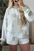 Green Patchwork Floral Print Drop Shoulder Baggy Pullover Drawstring Shorts Set