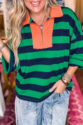 Green Stripe Quarter-Zip Metal Zipper Cover Stitch Hem Top