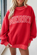 Tomato Red Polka Dot Letter Print Contrast Trim Mock Neck Sweatshirt