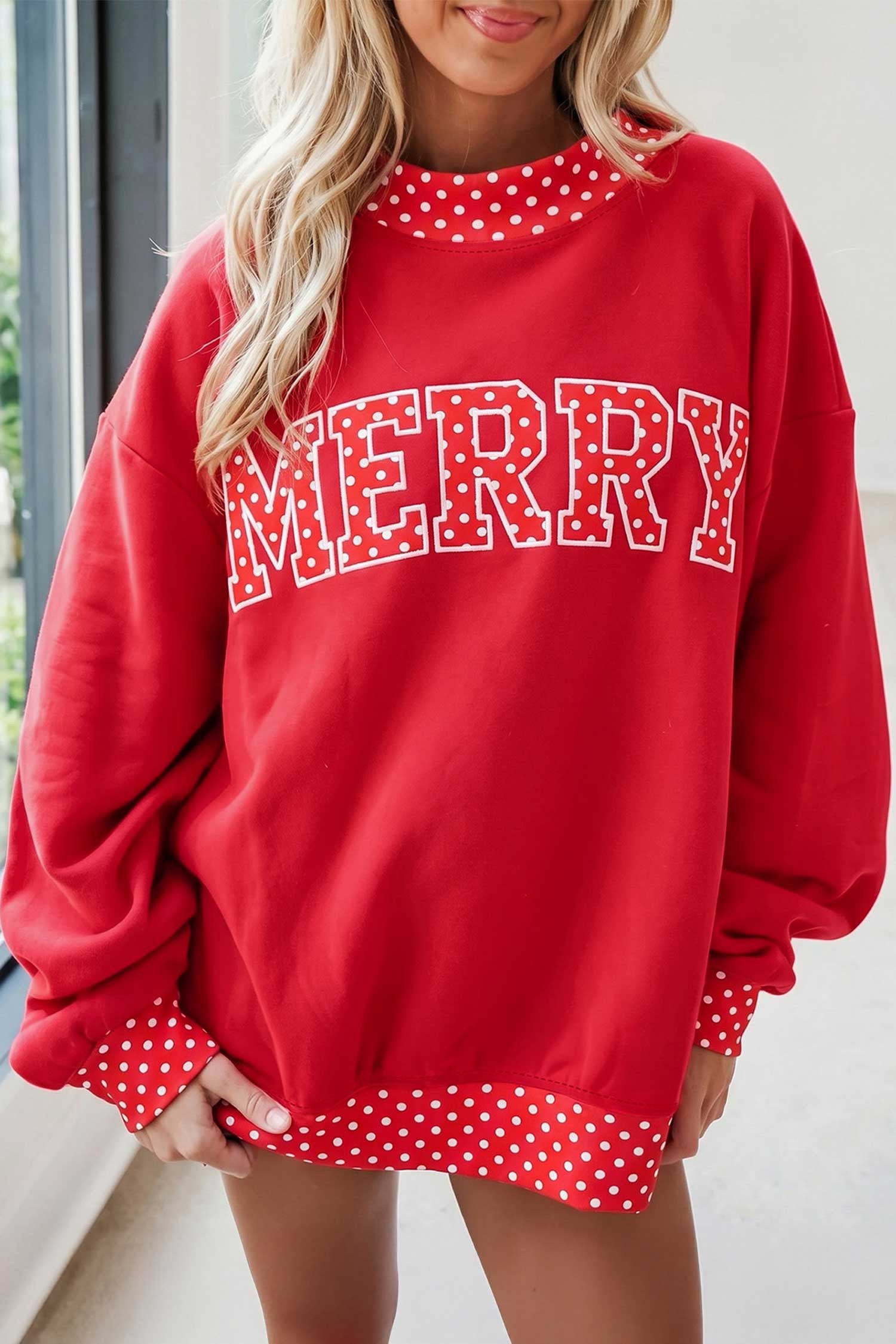 Tomato Red Polka Dot Letter Print Contrast Trim Mock Neck Sweatshirt