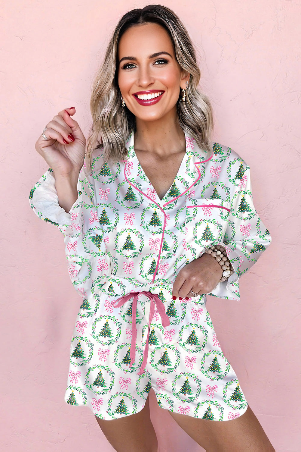 White Christmas Fashion Print Velvet Trim Bow Knot Pajama 2pcs Short Set