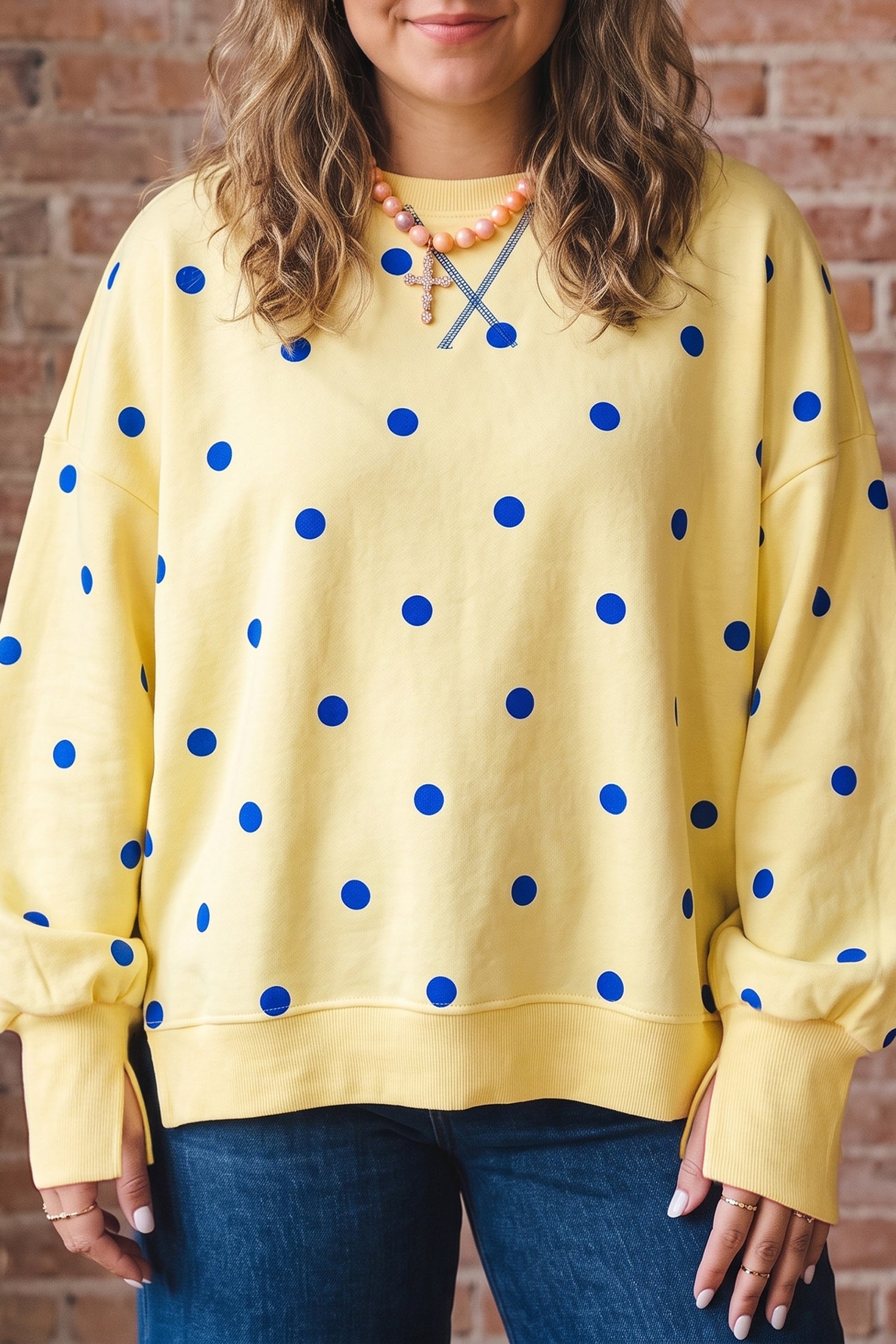 Yellow Round Neck Long Sleeve Polka Dot Plus Size Top