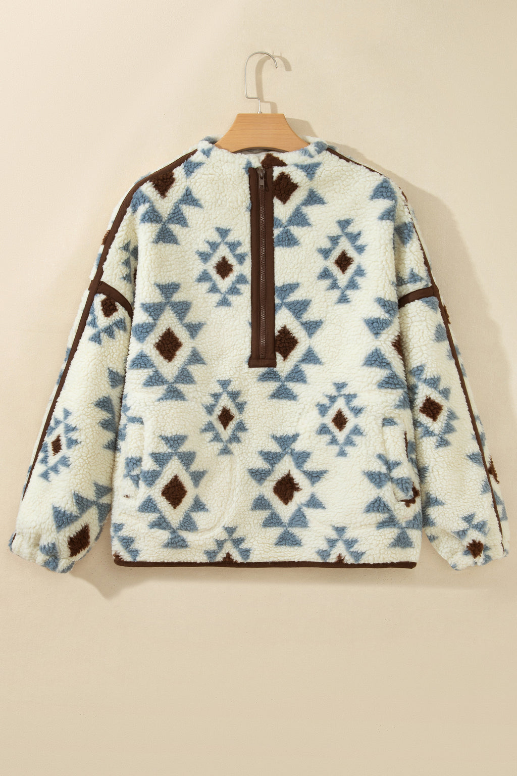 Beige Geometric Print Sherpa Western Style Long Sleeve Sweatshirt