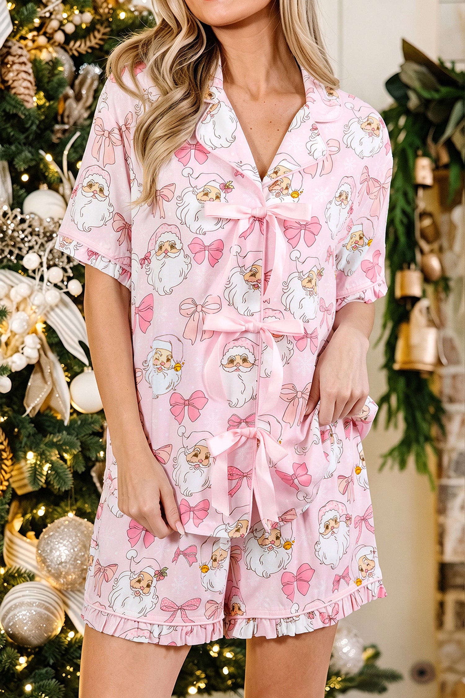 Pink Santa Print Paneling Shift Silhouette Short Sleeve Lounge Set