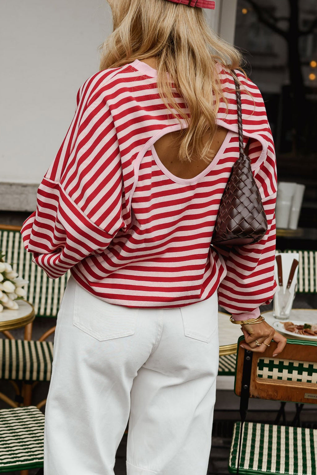 Red Stripe Cutout Open Back Long Sleeve Loose Top