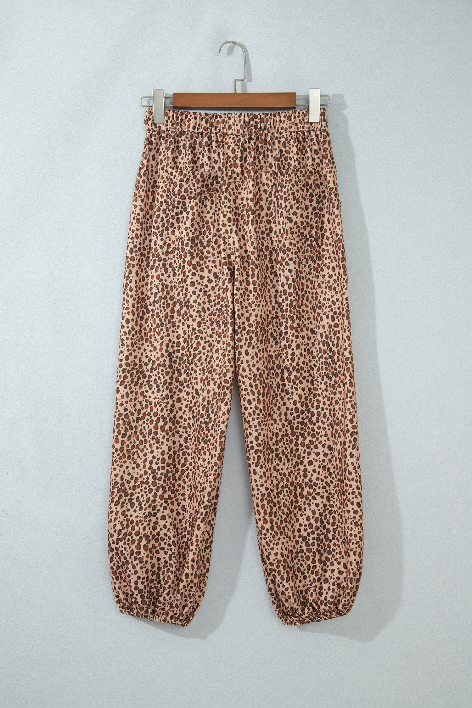 Khaki Leopard Print Drawstring Waist Patch Pockets Pants