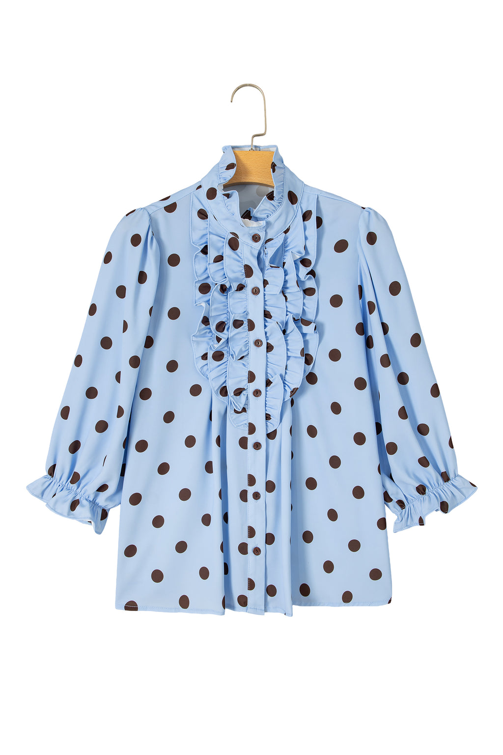 Fiery Red Polka Dot Striped Print Ruffle Stand Neck 3/4 Sleeve Shift Shirt
