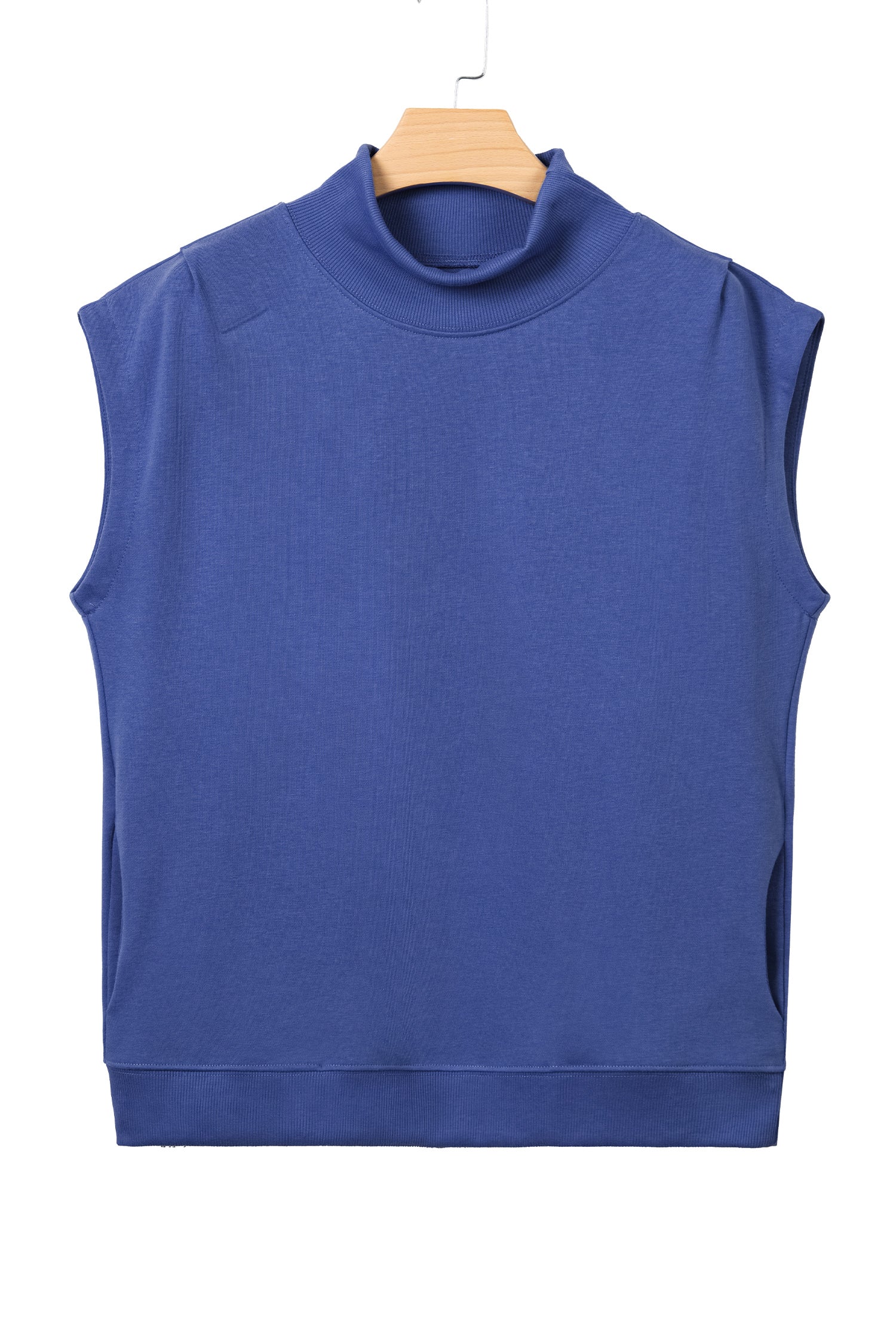 Sky Blue Solid Color High Neck Cap Sleeve Loose Top