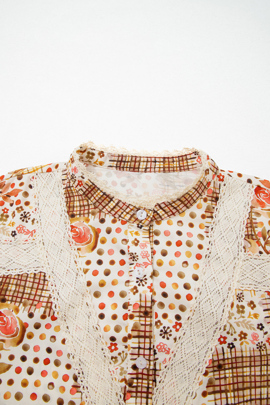 Brown Floral Lace Trim Button Down Long Sleeve Shirt