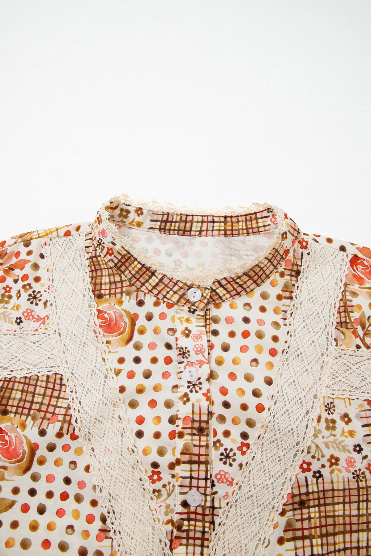 Brown Floral Lace Trim Button Down Long Sleeve Shirt