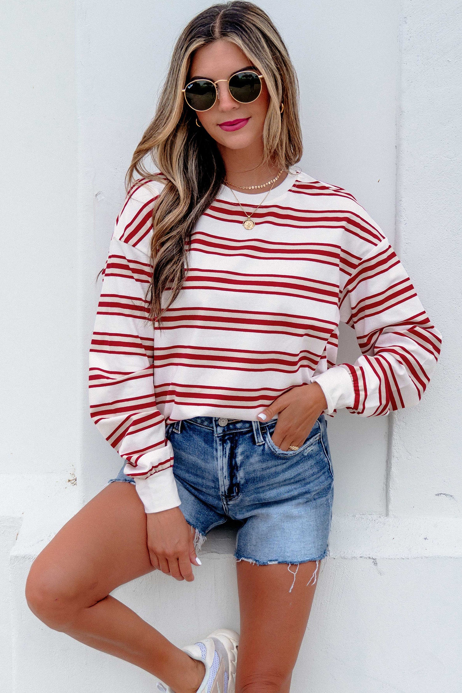 Red Stripe Dropped Shoulder Long Sleeve Casual Pullover Top