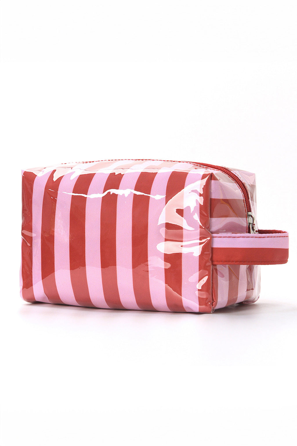 Fiery Red PVC Striped Cosmetic Bag Durable Zipper Handle Travel Organizer