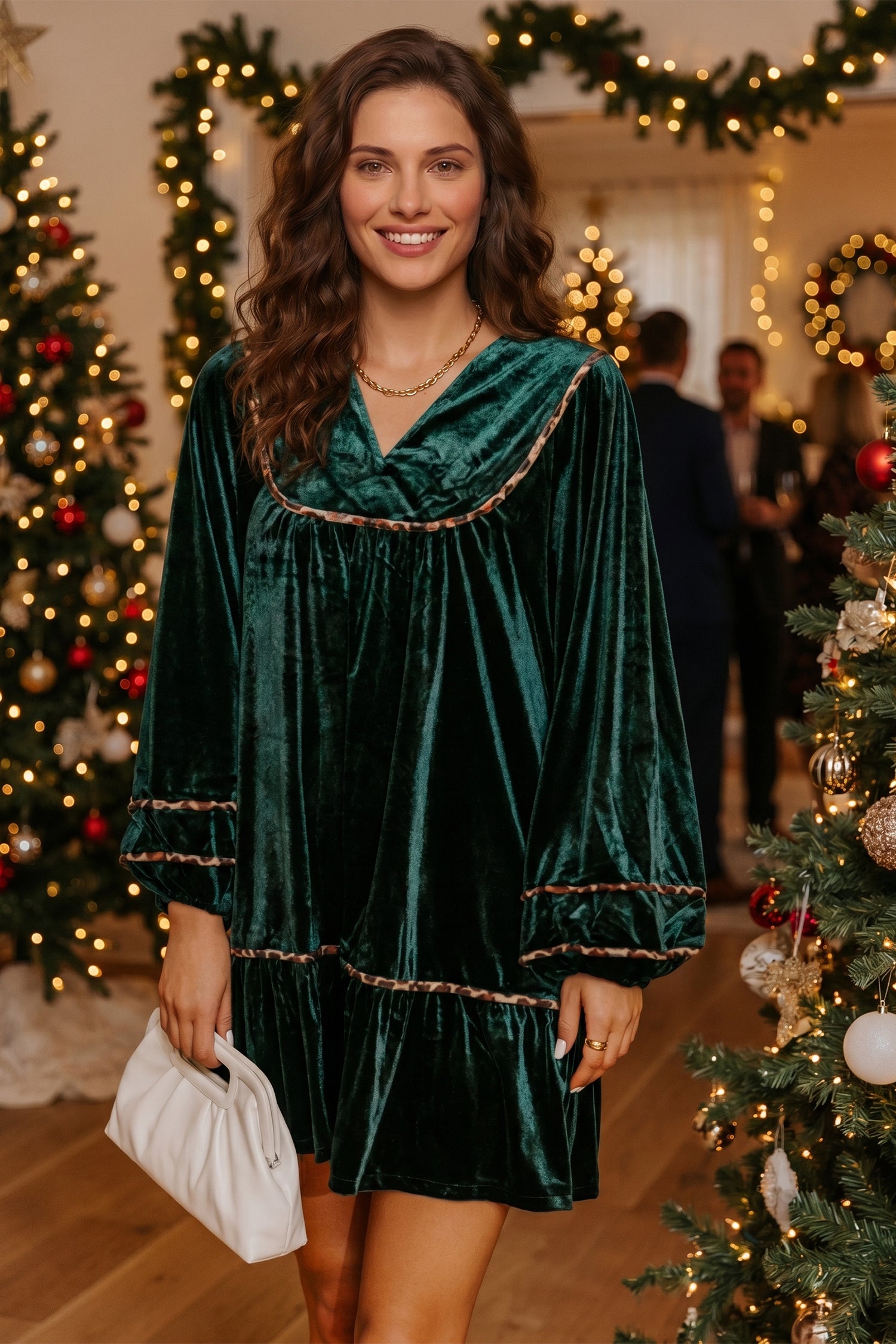 Blackish Green Leopard Trim Velvet Long Sleeve Shift Dress