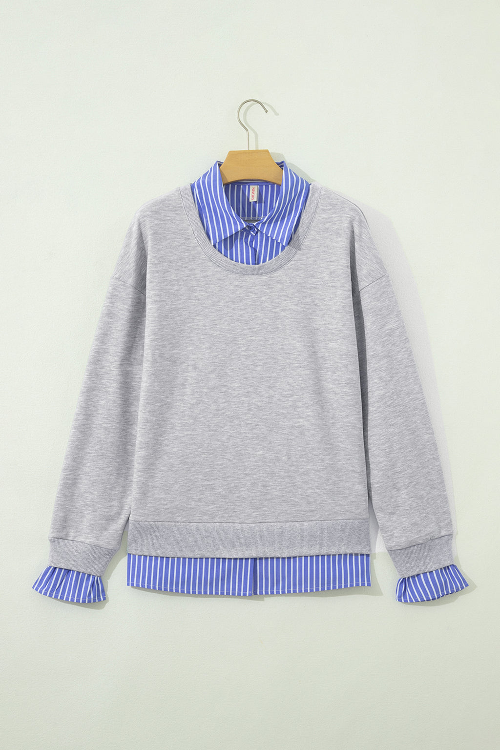 Light Grey Striped Collar 2-in-1 Patchwork Casual Loose Sweatshirt