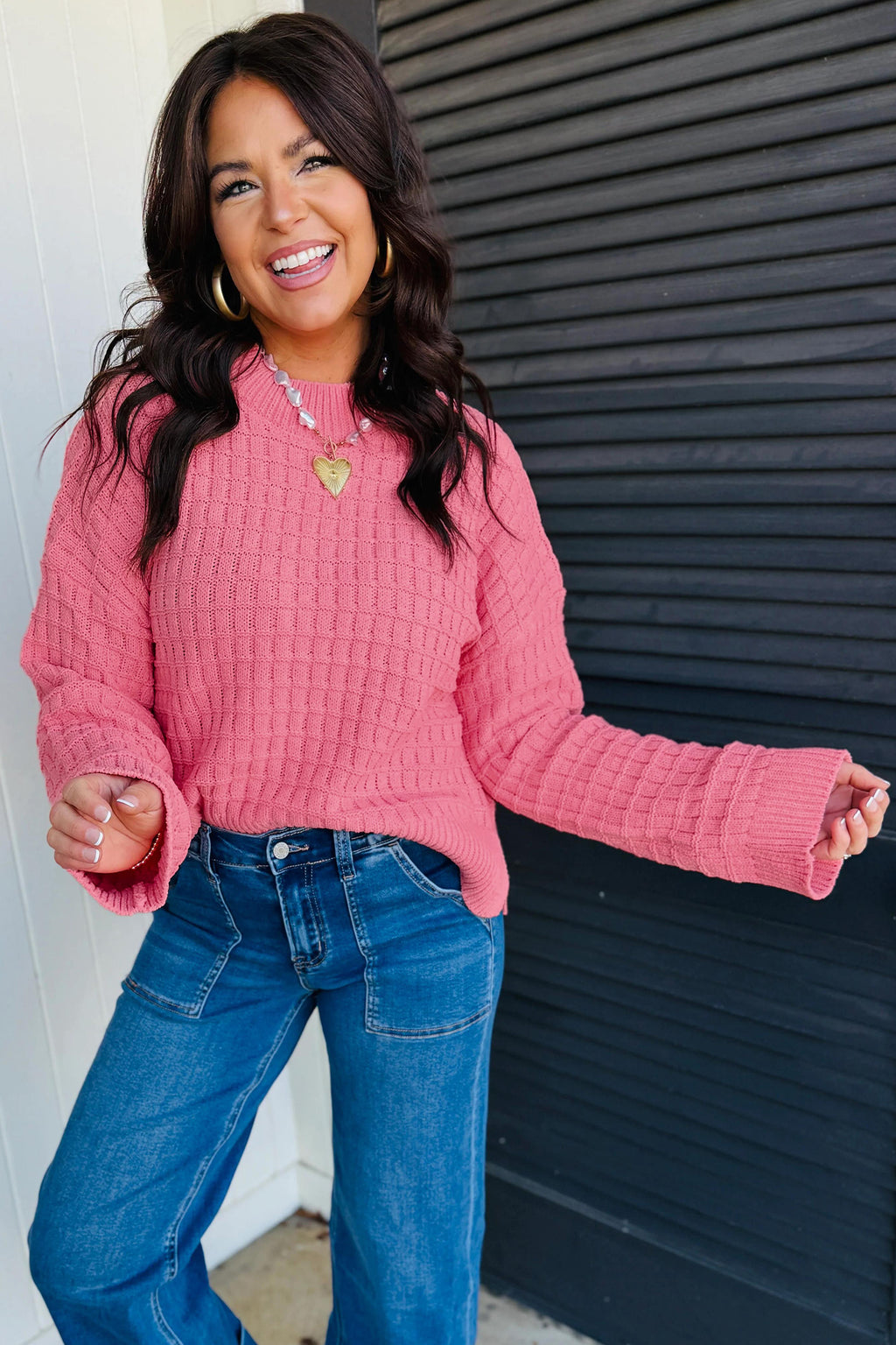Peach Blossom Drop Shoulder Long Sleeve Knit Regular Fit Sweater