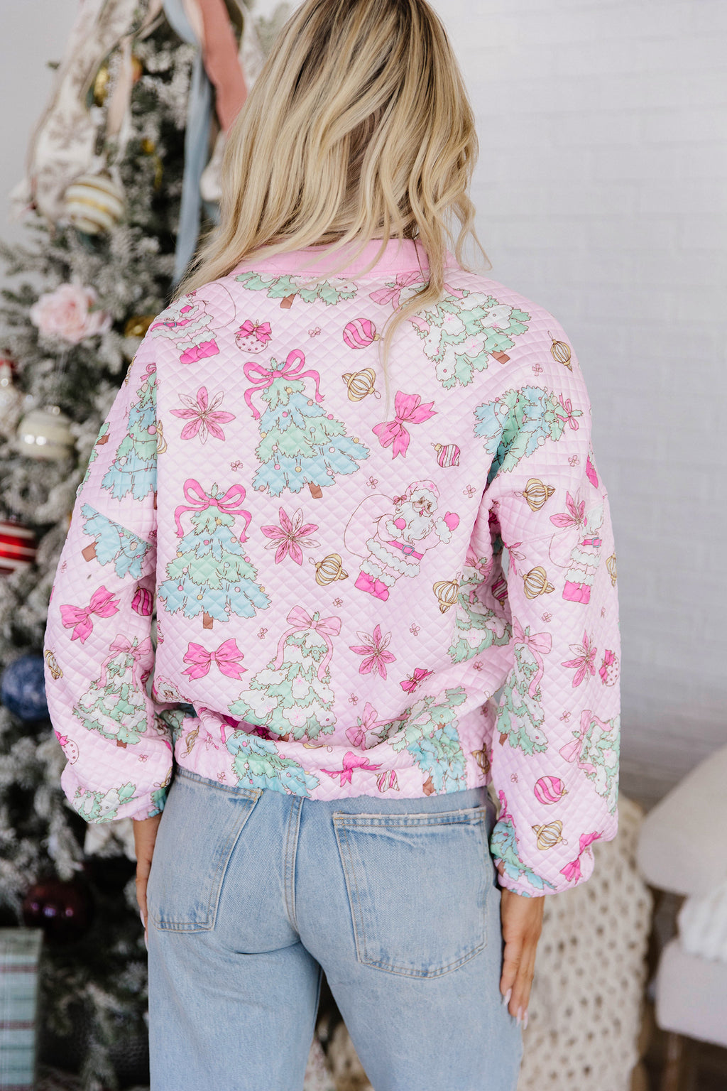 Pink Cute Christmas Print Collar Half Button Loose Sweatshirt