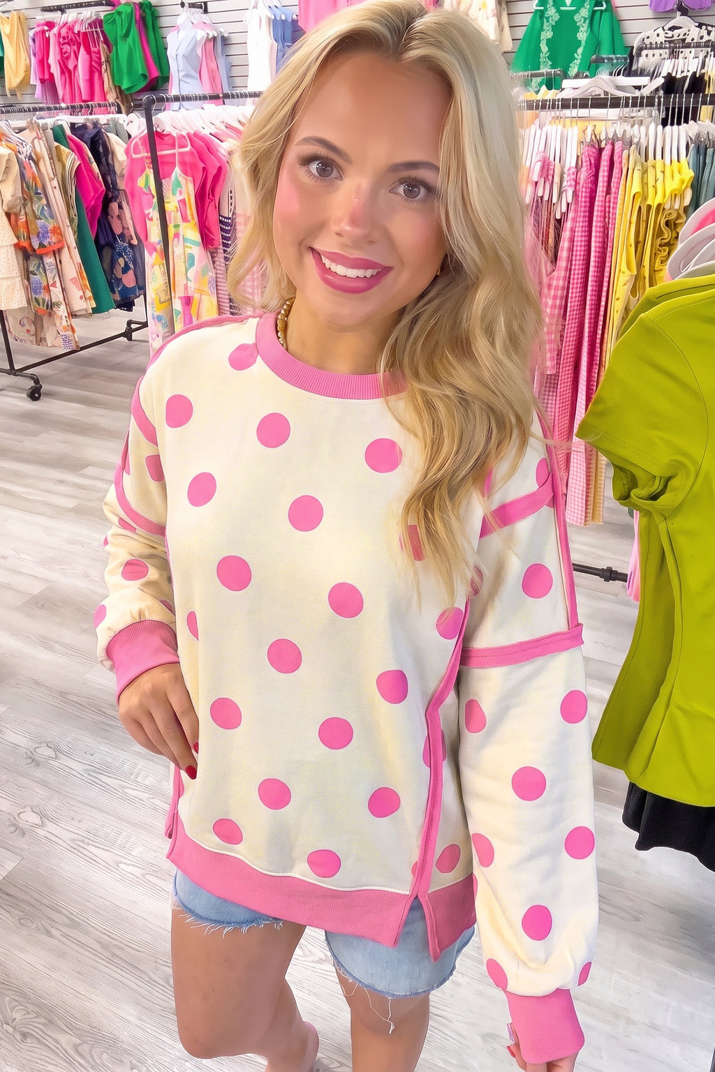 White Polka Dot Contrast Patchwork Round Neck Baggy Sweatshirt