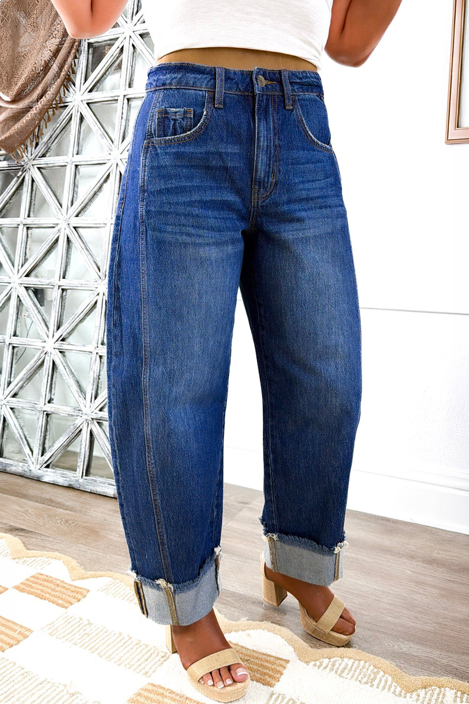 Sail Blue Raw Hem Turnup Loose Ankle-length Jeans