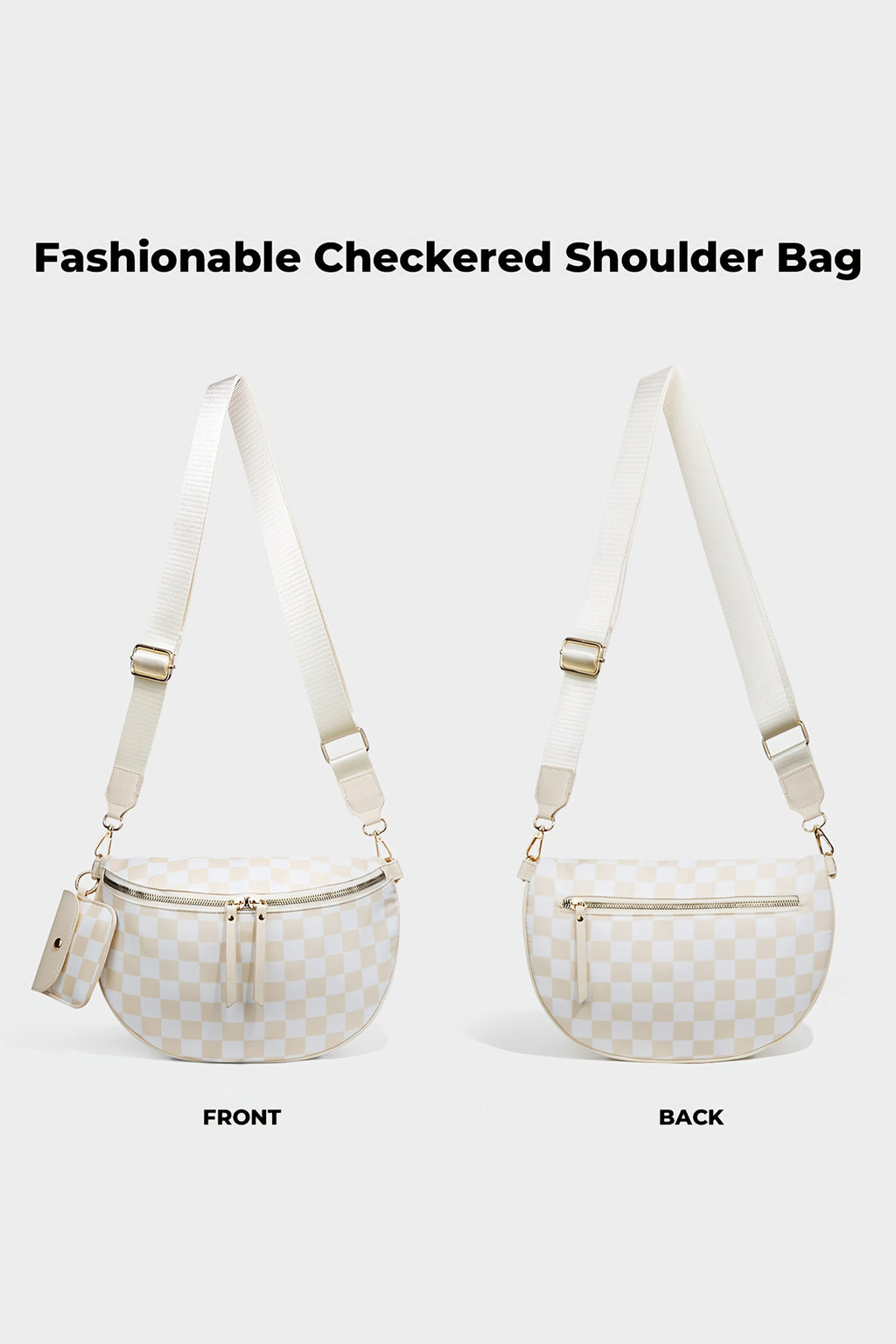 White Checkered Crescent Shoulder Bag with Detachable Pouch