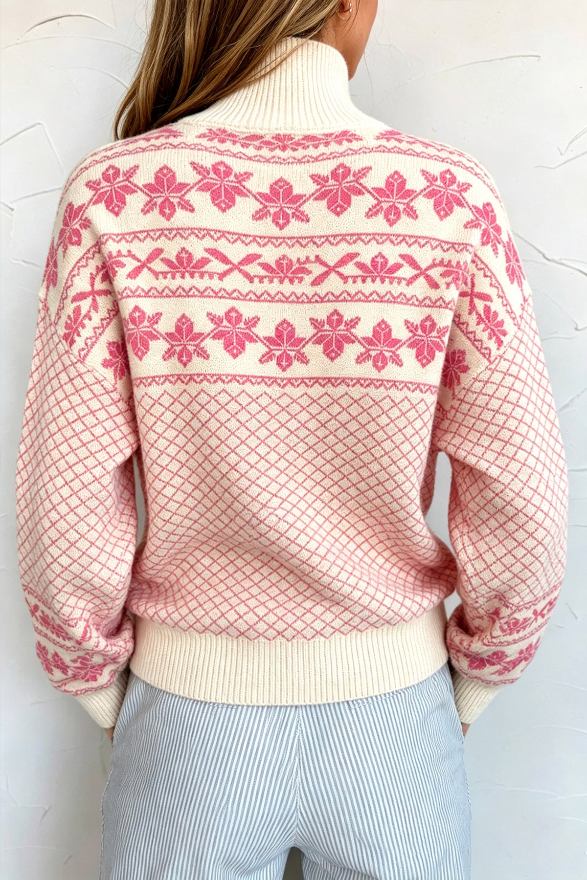 Sachet Pink Cozy Abstract Print Button Stand Neck Casual Sweater
