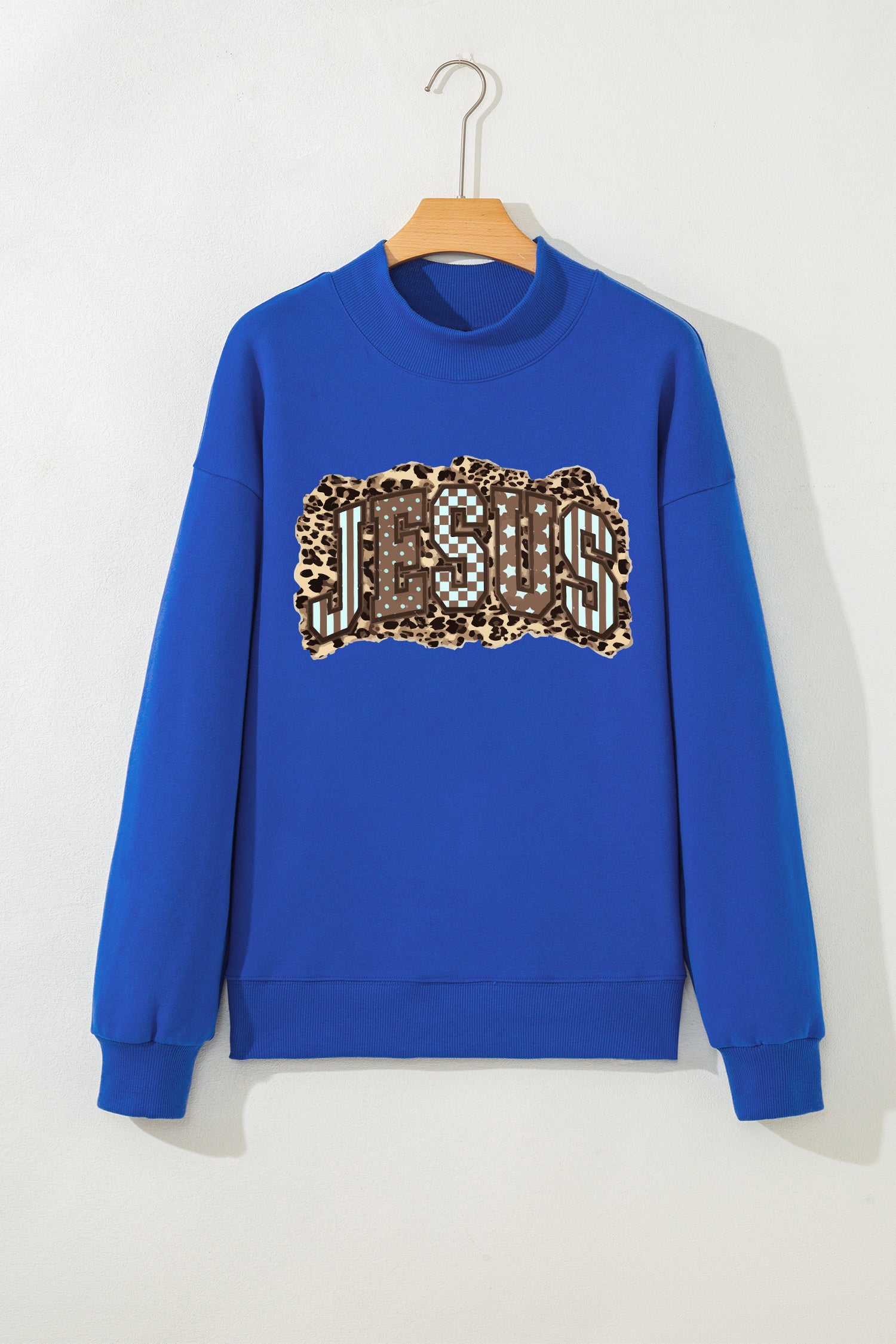 Dark Blue JESUS Playful Leopard Letter Print Mock Neck Sweatshirt