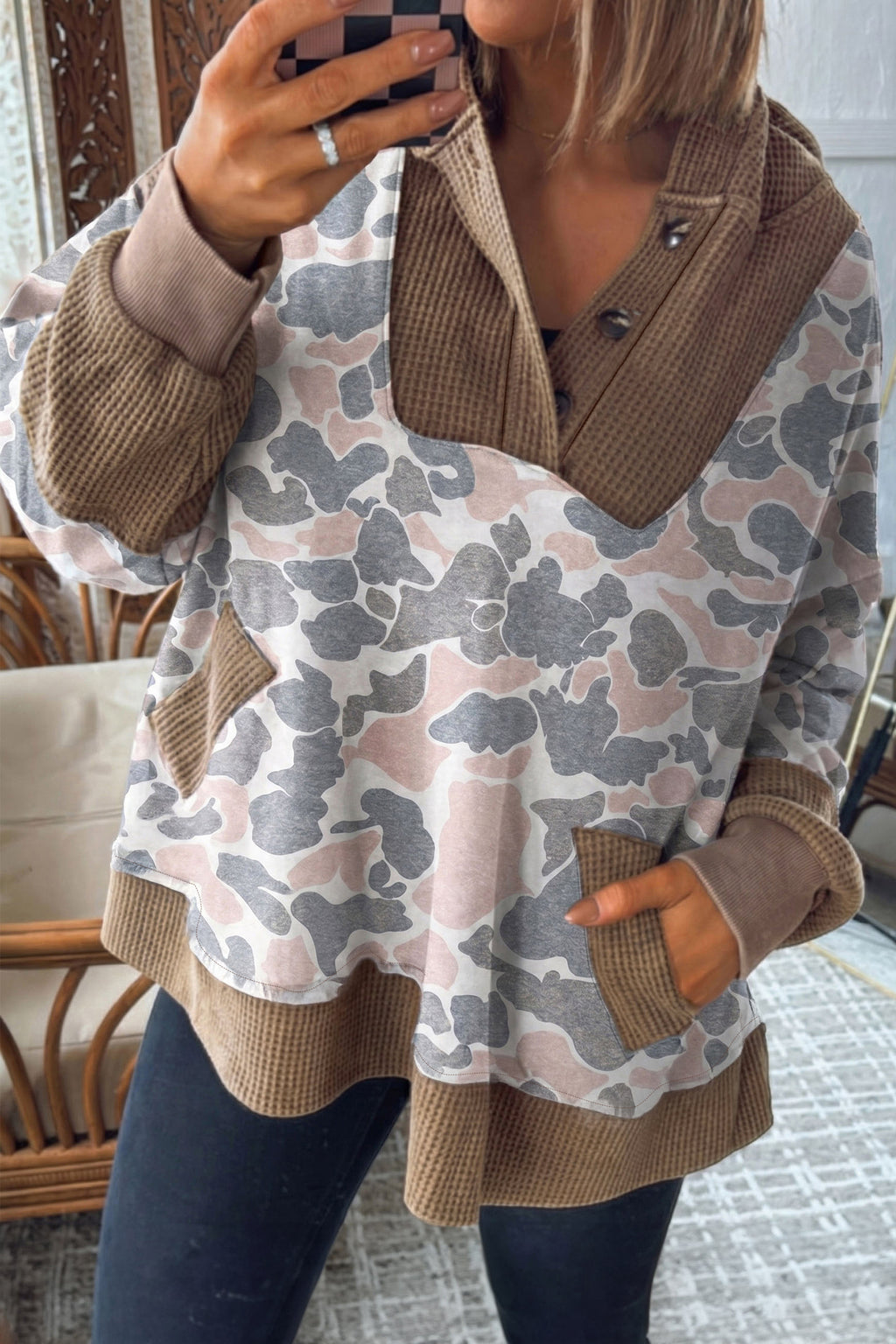 Khaki Camouflage Print Waffle Knit Patchwork Half Zip Plus Size Hoodie