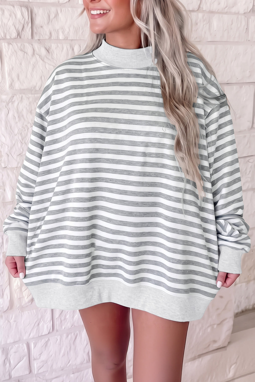 Gray Stripe Cozy Mock Neck Oversized Tunic Sweatshirt