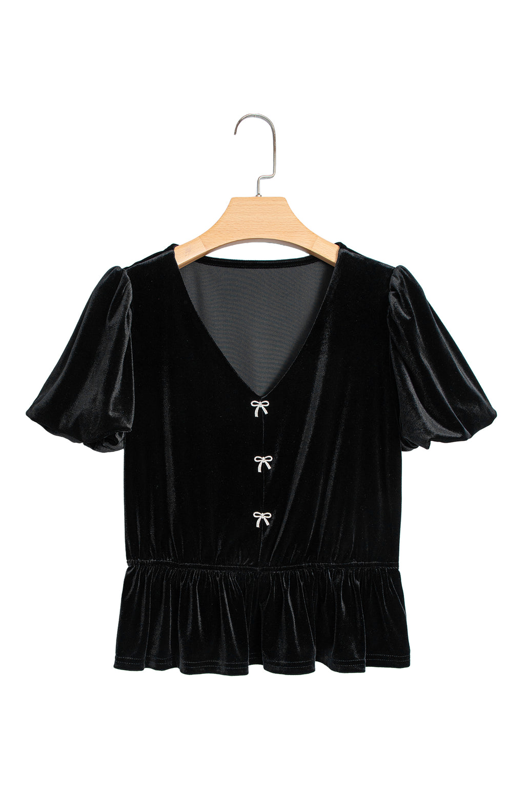 Black V Neck Bow Decoration Peplum Hem Shift Silhouette Short Sleeve Blouse