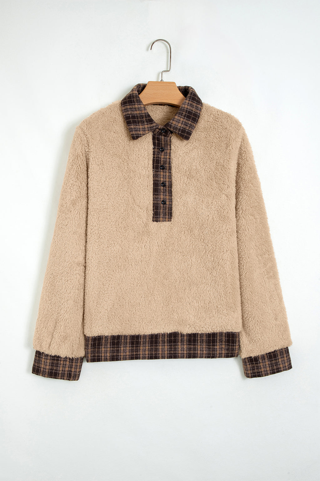 Light French Beige Plaid Collar Button Front Fleece Pullover Sweatshirt