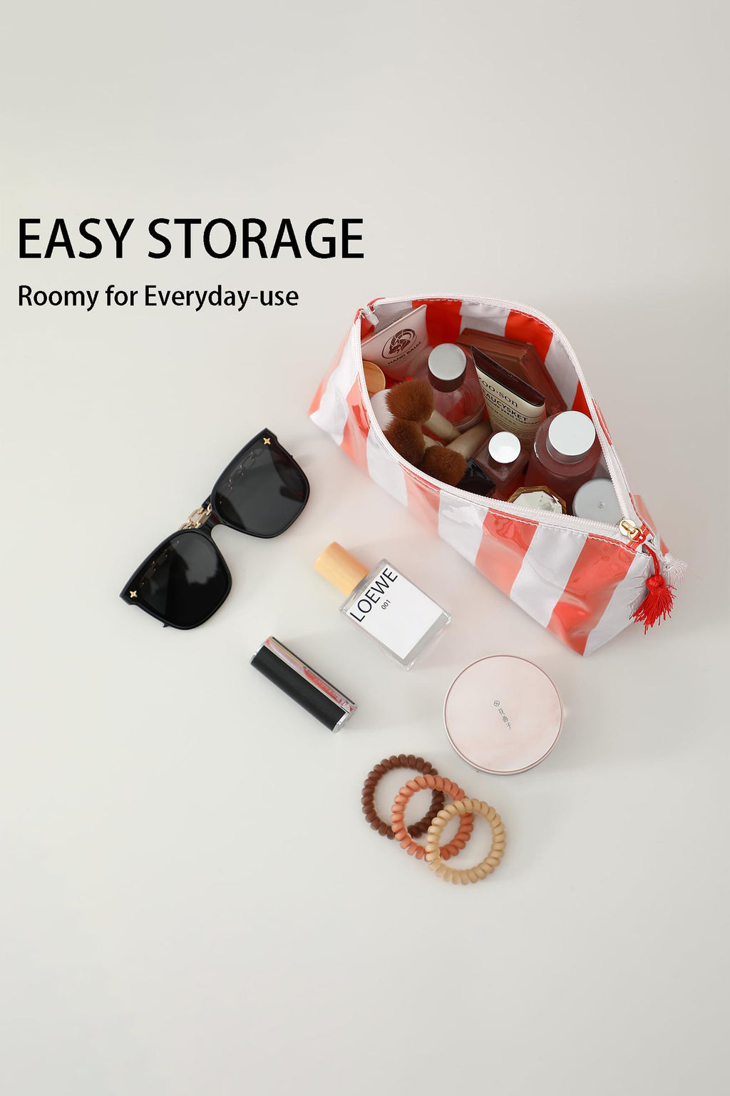 Carrot Striped Vinyl Waterproof Tassel Zipper Makeup Bag
