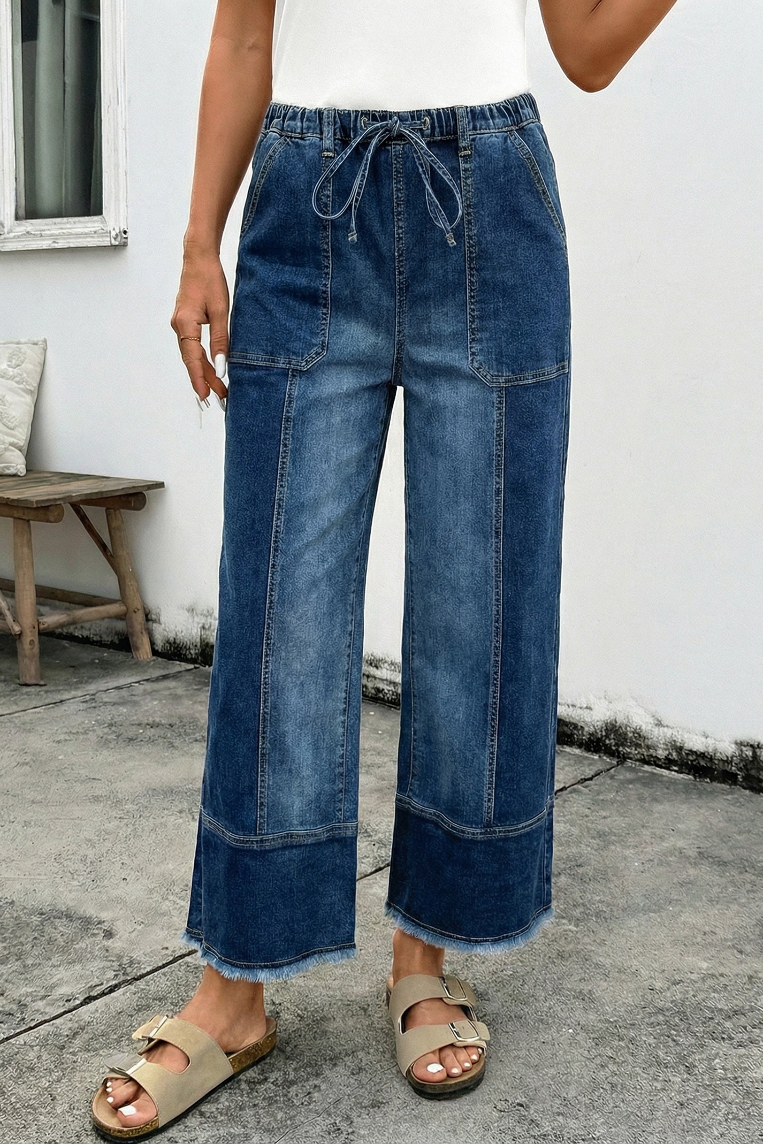 Prussian Blue Drawstring Seam Detail Raw Hem Wide Leg Denim Pants