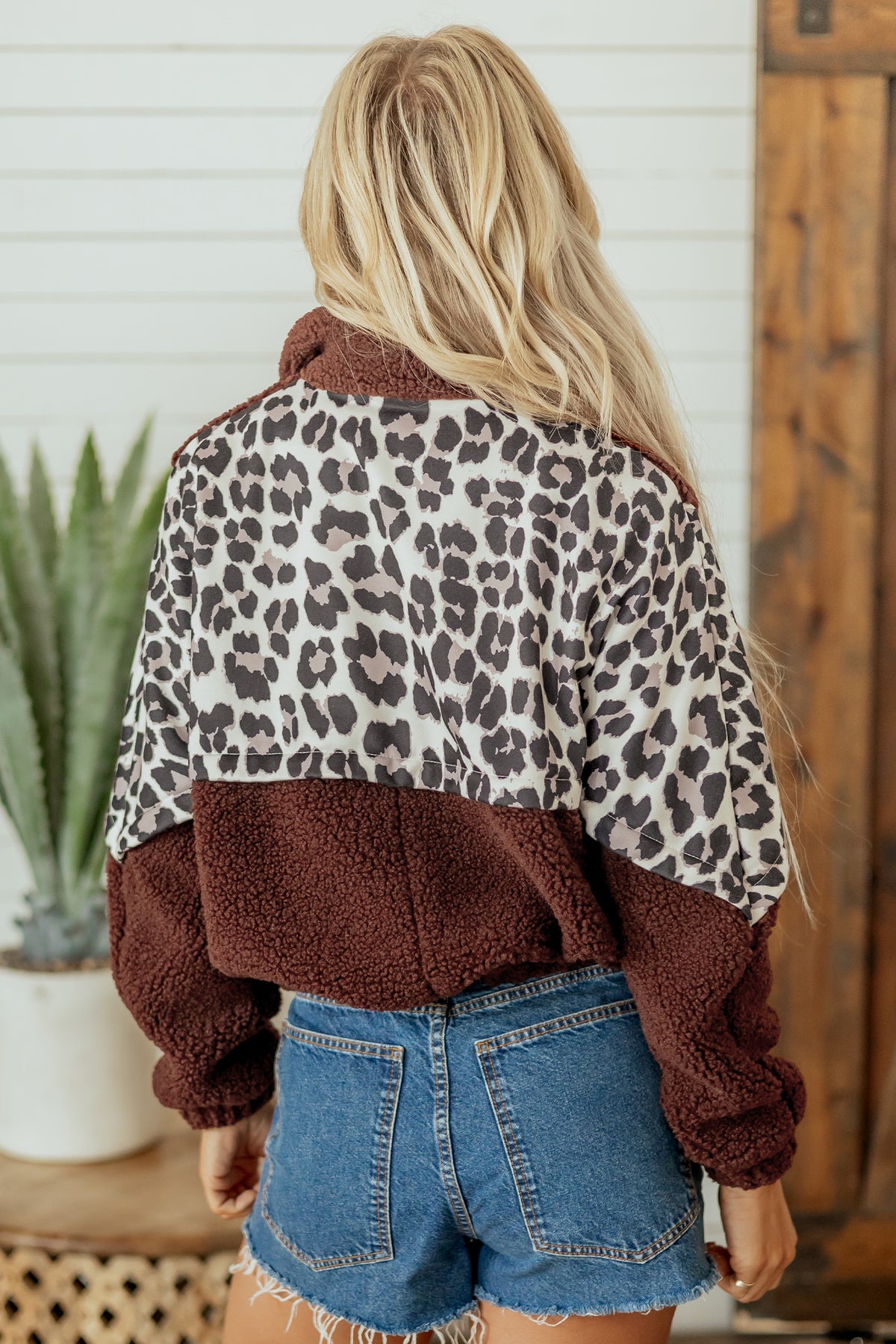 Coffee Leopard Patchwork Fleece Western Style Zip-up Collar Jacket