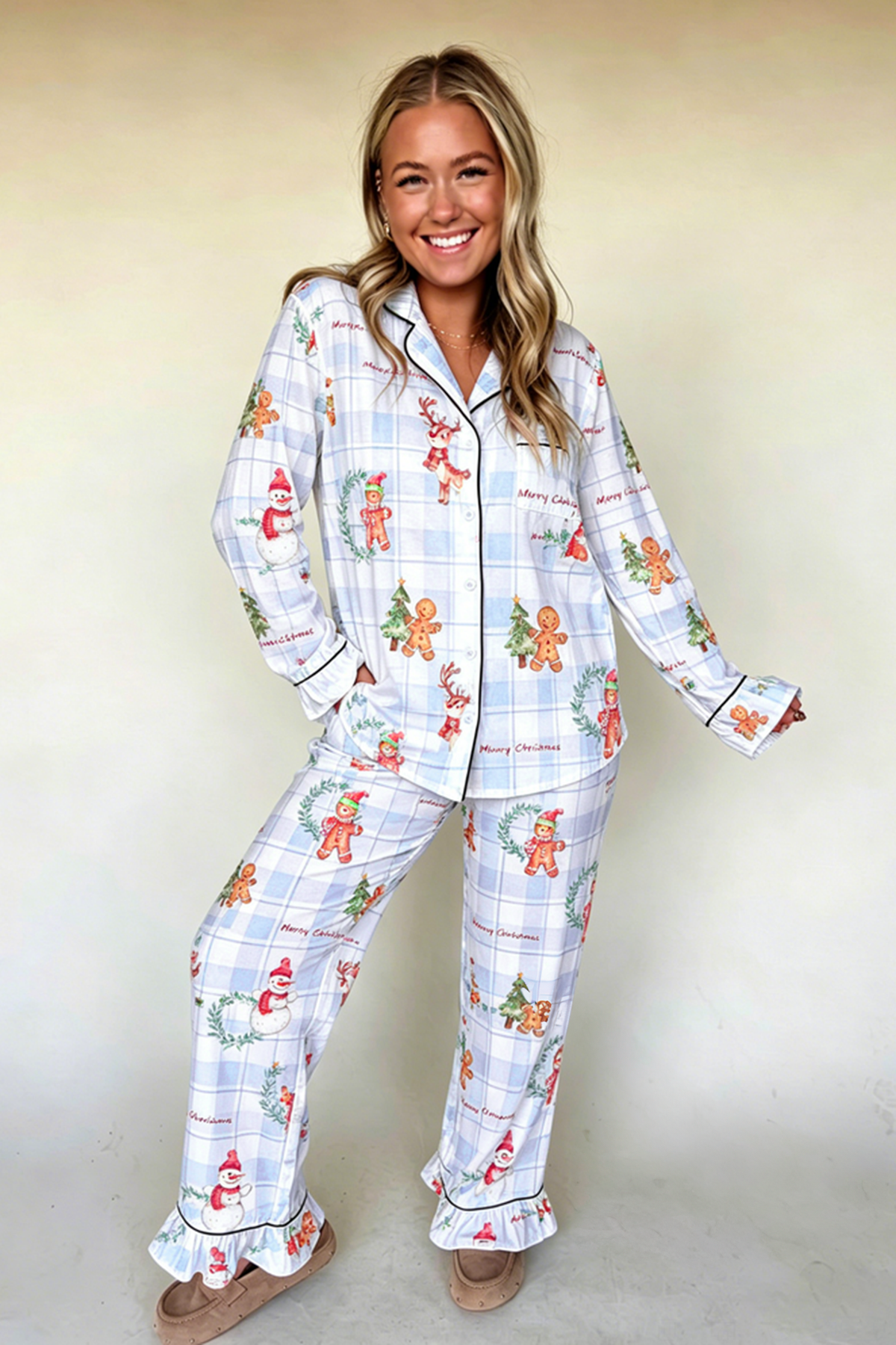 Sky Blue Plaid Cartoon Christmas Pattern Shirt Top 2pcs Pajama Set